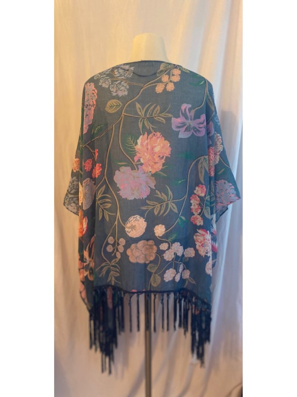Mudd Blue Multicolor Sheer Open Front Fringe Kimono - Picture 2 of 4